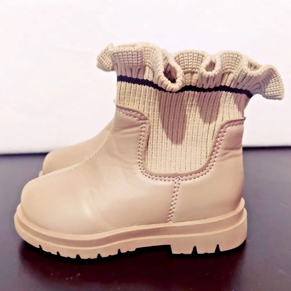 Kids Girls Walnut Ruffle Sock Boots Zip On -Size 6/6.5 (22) Pre-owned